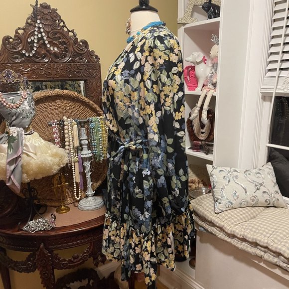 NWT Bleeker 126 22W Dress - Black with soft muted Blues & Greens with Yellow - Picture 6 of 16